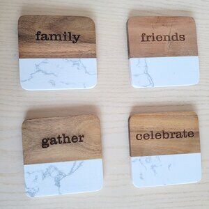 Wood and Marble Family Friends Gather Celebrate Square Farmhouse Coasters Set 4